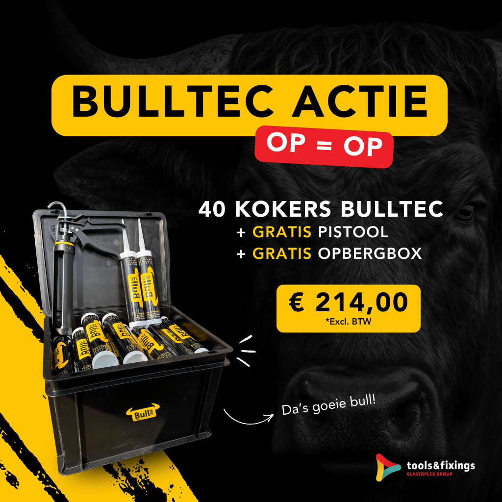 Promobeeld van de Bulltec-actie bij Tools & Fixings – sterke lijm voor stevig monteren en verlijmen.